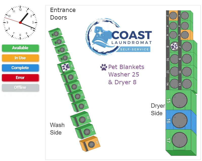Live washer and dryer availability screen for Coast Laundromat Whangaparaoa
