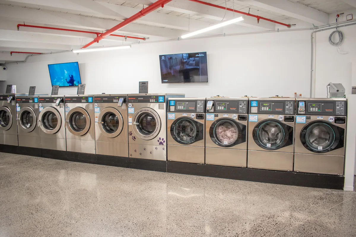Row of large front-loading washing machines at Coast Laundromat near Silverdale